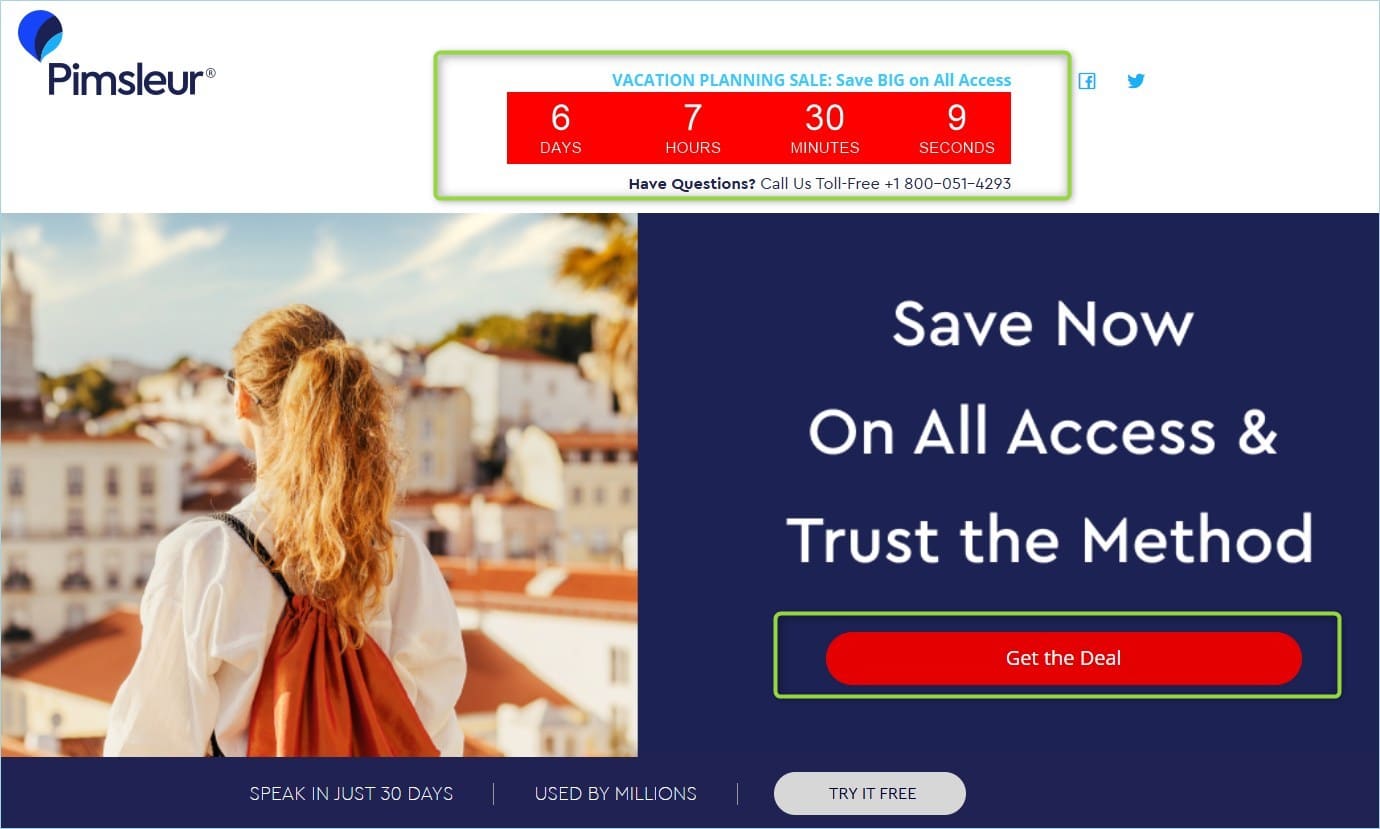 Pimsleurのランディングページ。セールの告知が出ている。