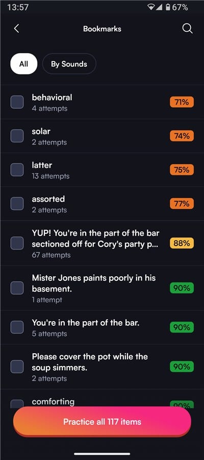 Boldvoiceのブックマーク機能のスクリーンショット。スコアの低い順