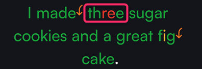 BoldVoiceのレッスン画面。I made three sugar cookies というセンテンスでthreeの発音がエラー表示されている。