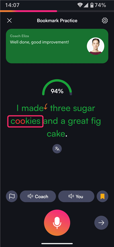 3回目のBoldVoiceの発音チェック画面。cookのooが赤く表示されている。