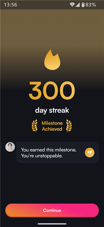 BoldVoiceでのレッスン連続300日受講を証明するスクリーンショット
