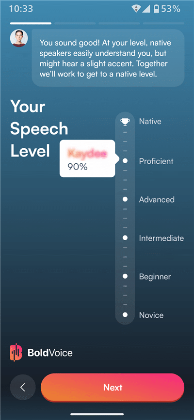 BoldVoiceアプリによる筆者の英語レベル判定結果のスクリーンショット。スコアが90%で「ネイティブが容易に聞き取れるレベル」という判定結果を証明する画像