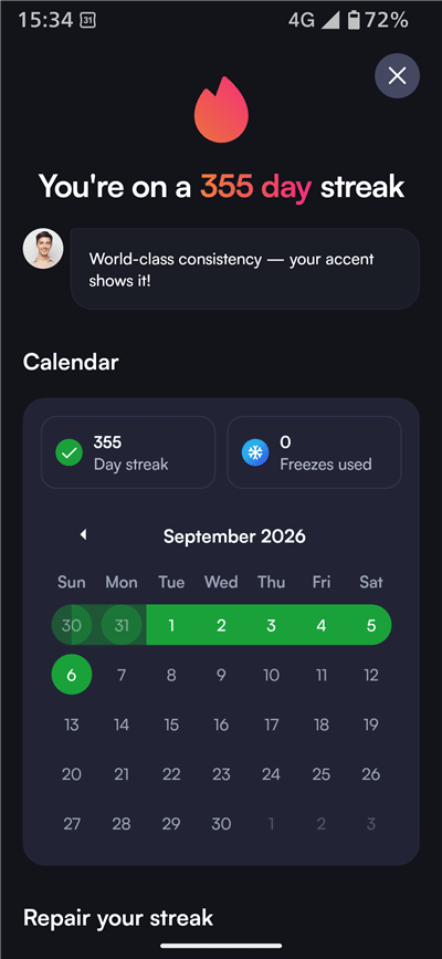 スコアアップまでに365日連続日数達成を証明するBoldVoiceのダッシュバードスクリンショット。