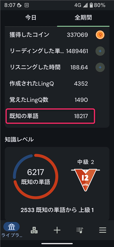 LingQの管理画面。習得した語彙数が18000語を証明するスクショ